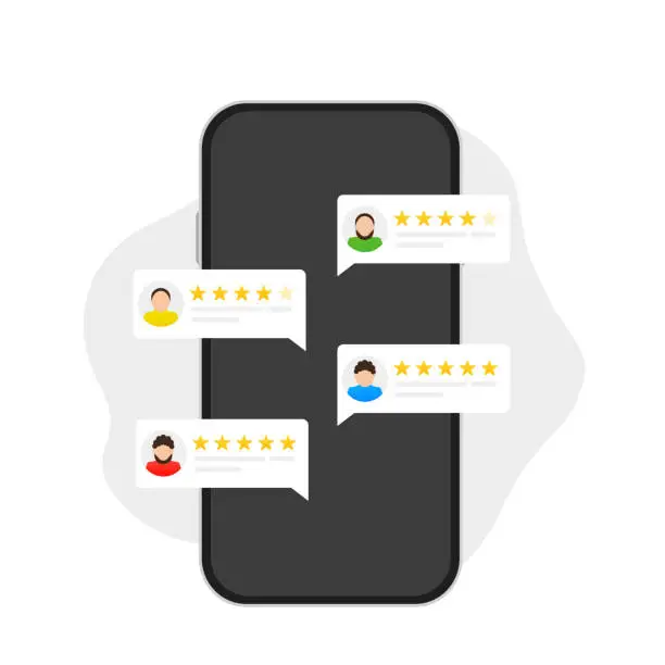 Vector illustration of User reviews. Mobile phone with customer reviews, flat cartoon smartphone display design and online reviews or customer reviews, social media feedback, star rating, notifications. Vector illustration