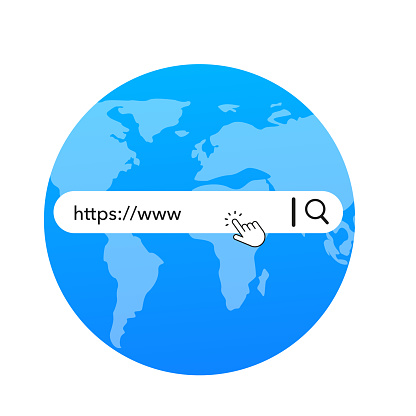 Www icon. website icon. Www icon with hand cursor on planet background. Search bar for user interface and website. Search address icon. Search form template for websites. Vector illustration