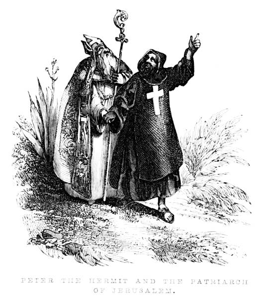 Peter the Hermit with the Patriarch of Jerusalem during the Crusades, Medieval European History, Christian History Peter the Hermit (1050—died July 8, 1115) was a French preacher at the time when Pope Urban II called for a Crusade, or holy war, against the forces of Islam in Palestine and Jerusalem. After reaching Jerusalem in 1099, Peter preached a sermon on the Mount of Olives shortly before the storming of Jerusalem.   Medieval European history. Wood Engraving by published in 1846. Original edition is from my own archives. Copyright has expired and is in Public Domain. patriarch of jerusalem stock illustrations