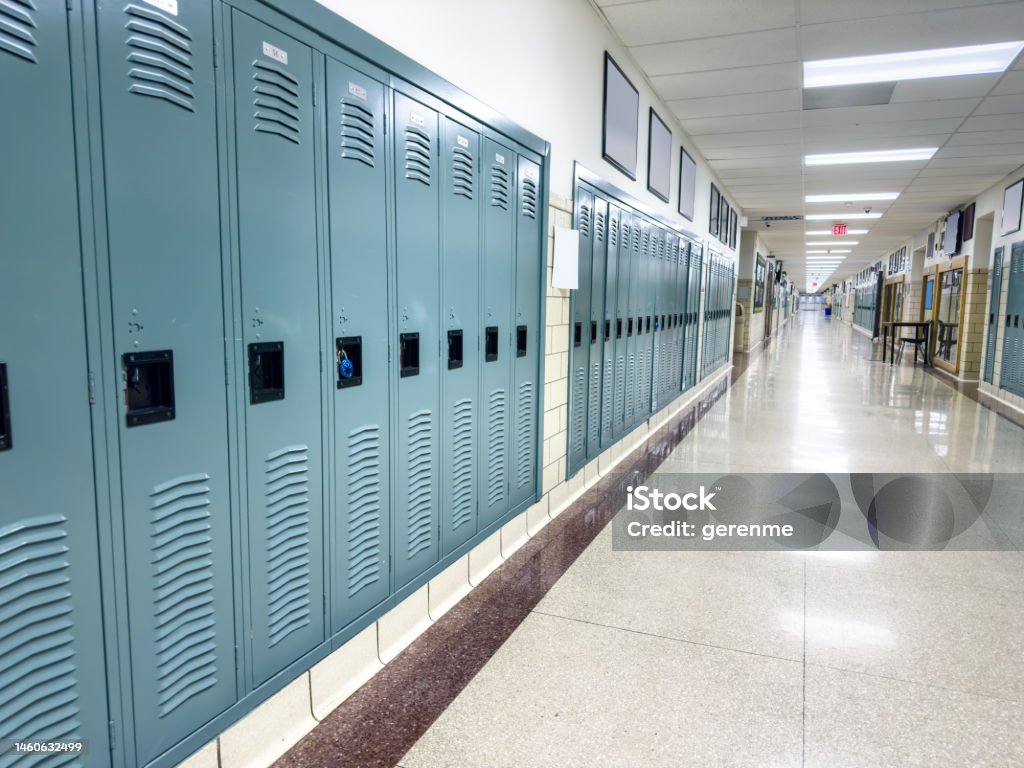 School corridor Corridor of a public school with lockers School Building Stock Photo