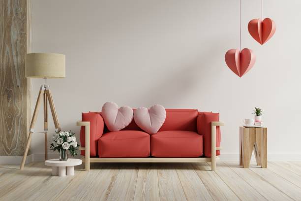 valentine interior room have red sofa and home decor for valentine's day. - model home house balloon sign imagens e fotografias de stock