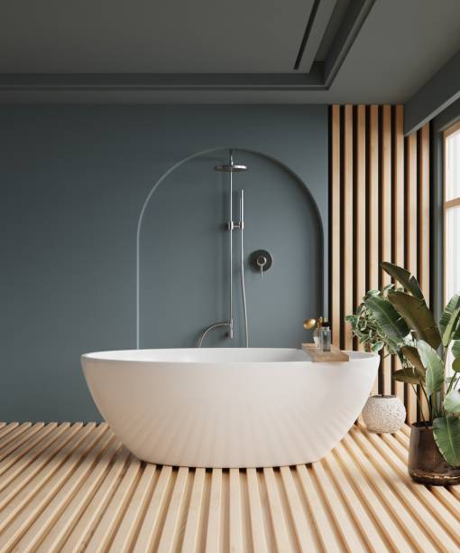 istock Modern Bathroom interior design,bathroom with blank dark blue wall. 1460632974
