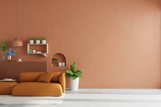 istock Living room have orange leather sofa and decoration minimal on dark brown wall. 1460633021