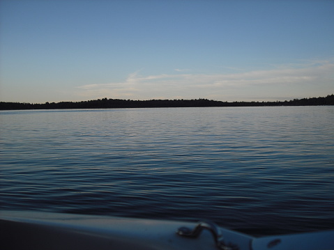 Photo taken from a boat during the summer months in Alberta of North Buck Lake.