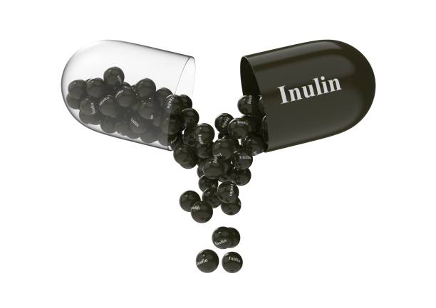 istock Open capsule with inulin from which the vitamin composition is pouring. 3D rendering illustration 1460634823