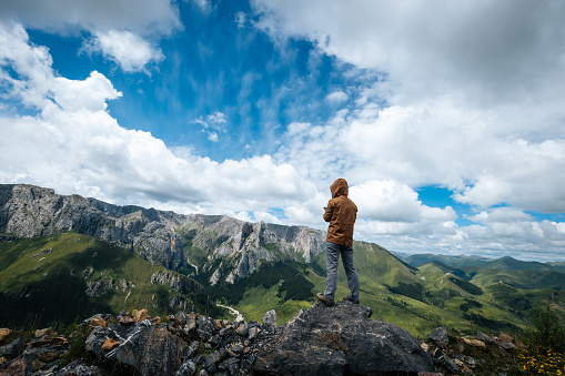 Successful woman hiker using smart phone on alpine mountain top