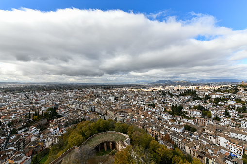 View from the candle tower, also called Torre de la Vela, a part of the Alcazaba in the Alhambra, Granada, Spain.