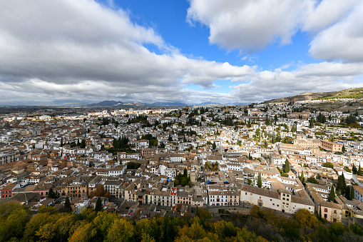 View from the candle tower, also called Torre de la Vela, a part of the Alcazaba in the Alhambra, Granada, Spain.
