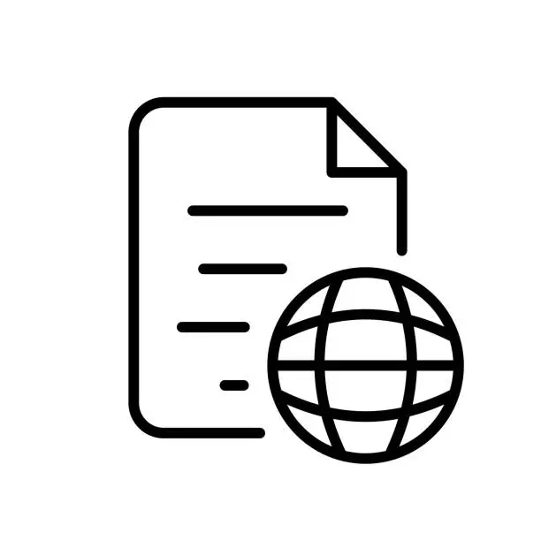 Vector illustration of File with globe. Internet connection, data set, text documant, netwotk setting, online, remote work, access, connect. Business concept. Vector line icon on white background
