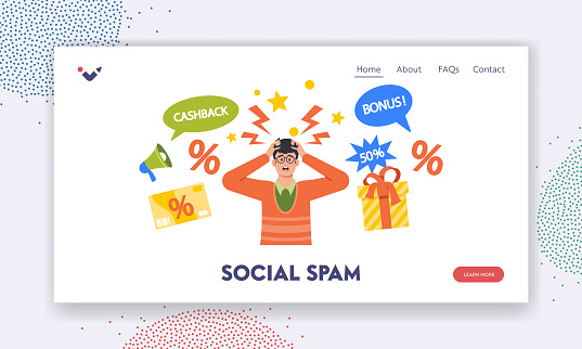 Stop Social Spam Landing Page Template. Disturbed Man Character Confused by Excessive Promotional Offers, Cashback, Gifts, Discounts and Bonus, Annoyment Concept. Cartoon People Vector Illustration