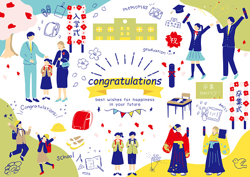 set illustration of people in graduation ceremony and entrance ceremony