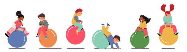 ilustrações de stock, clip art, desenhos animados e ícones de kids jumping on fitness ball isolated on white background. little children characters having amusement fun - passatempo