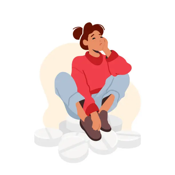 Vector illustration of Woman Sit On Big Medicines Heap. Female Character Sitting On Huge Pile Tablets. Girl With Health Problem, Insomnia