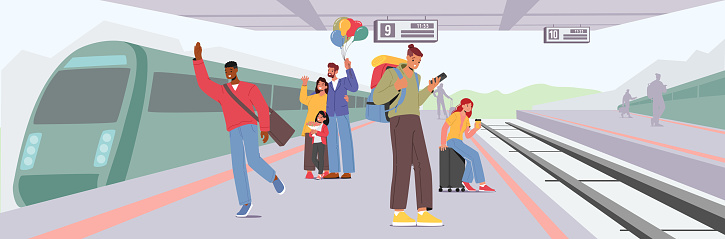 People Waiting Train on Railway Station. Male and Female Characters Meeting Friends, Waiting Boarding on Platform. Concept of Tourism, Commuter Public Transport. Cartoon Vector Illustration