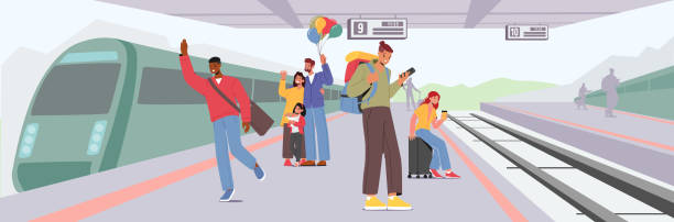 People Waiting Train on Railway Station. Male and Female Characters Meeting Friends, Waiting Boarding on Platform People Waiting Train on Railway Station. Male and Female Characters Meeting Friends, Waiting Boarding on Platform. Concept of Tourism, Commuter Public Transport. Cartoon Vector Illustration cartoon of the saying goodbye stock illustrations