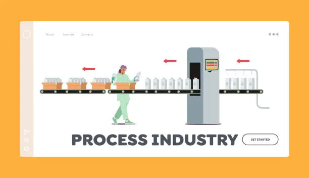 Vector illustration of Process Industry Landing Page Template. Dairy Food Packaging, Industrial Automation. Plant Worker on Factory Conveyor