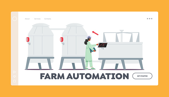 Farm Automation Landing Page Template. Manufacture, Industry and Dairy Food Production. Woman Technologist Switch On Tanks for Milk Pasteurization on Factory. Cartoon People Vector Illustration