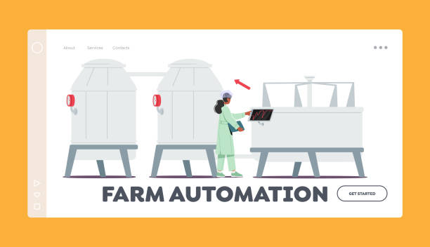 Farm Automation Landing Page Template. Manufacture, Industry And Dairy Food Production. Woman Technologist On Factory Farm Automation Landing Page Template. Manufacture, Industry and Dairy Food Production. Woman Technologist Switch On Tanks for Milk Pasteurization on Factory. Cartoon People Vector Illustration pasteurization stock illustrations