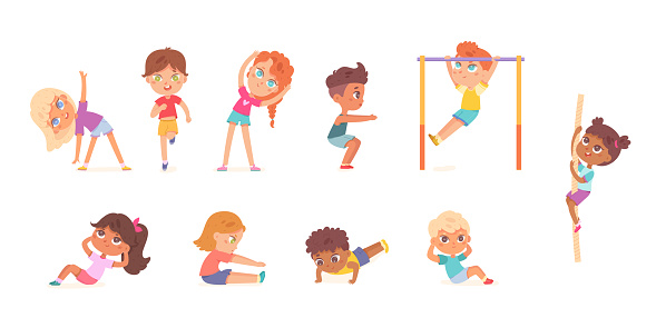 Sport exercises of children set, gymnastics and physical activity of child in gym vector illustration. Cartoon isolated happy little active boys and girls training health in sport workout and games