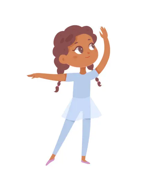 Vector illustration of Little ballerina dancing, cute baby girl showing figure and gesture of classic ballet