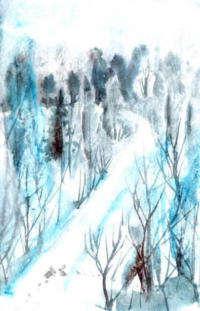 istock Winter snowy watercolor forest landscape with hares. 1460649070