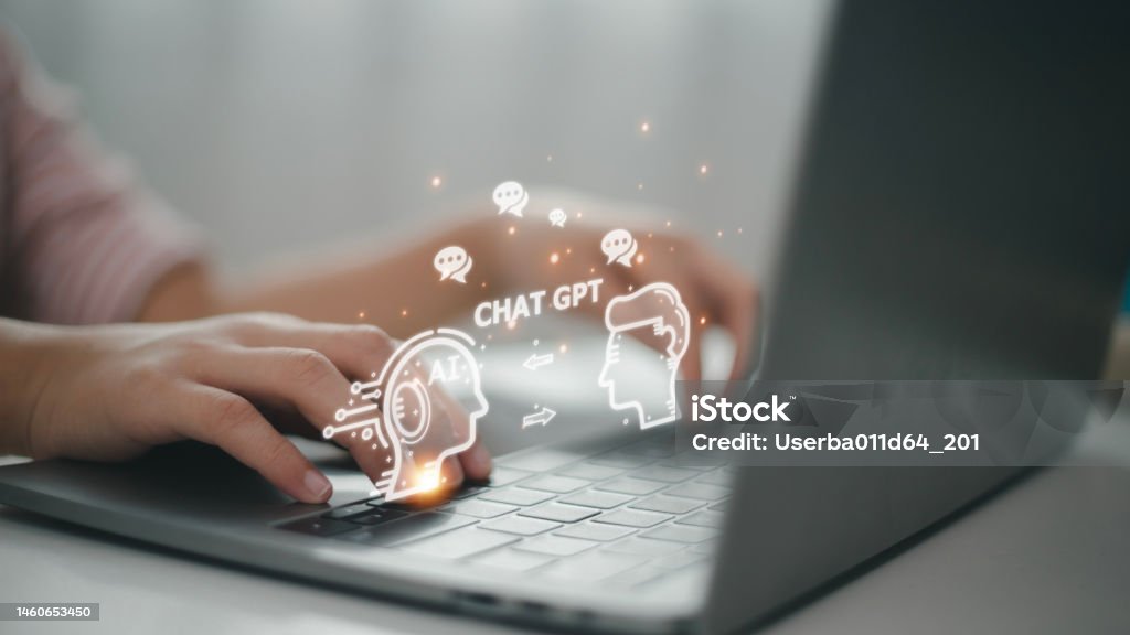 Chatbot Chat with AI, Artificial Intelligence. man using technology smart robot AI, artificial intelligence by enter command prompt for generates something, Futuristic technology transformation. Artificial Intelligence Stock Photo