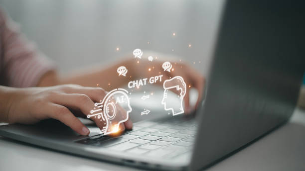 chatbot chat with ai, artificial intelligence. man using technology smart robot ai, artificial intelligence by enter command prompt for generates something, futuristic technology transformation. - ai imagens e fotografias de stock
