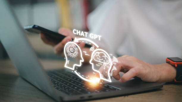 chatbot chat z ai, sztuczna inteligencja. człowiek wykorzystujący technologię inteligentnego robota ai, sztuczna inteligencja poprzez wprowadzenie wiersza polecenia dla generuje coś, futurystyczna transformacja technologii. - command_ zdjęcia i obrazy z banku zdjęć