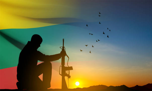 istock Silhouette of soldier with the flag of Lithuania 1460657364