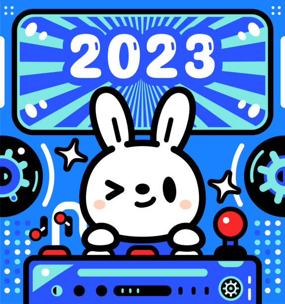 귀여운 토끼가 무제한 파워 우주선을 조종하고 2023년의 도착을 축하하고 있습니다. - driving speed humor video game stock illustrations