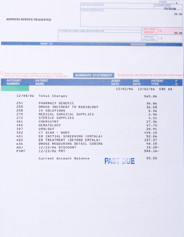Medical bill for a CT scan marked past due.  Includes medical codes and drug charges.  - See lightbox for more