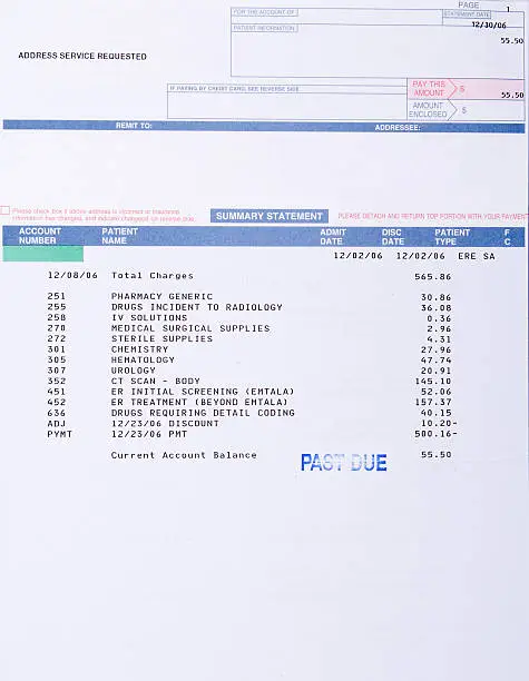Photo of Paper Medical Bill CT Scan Marked "Past Due", Health Care