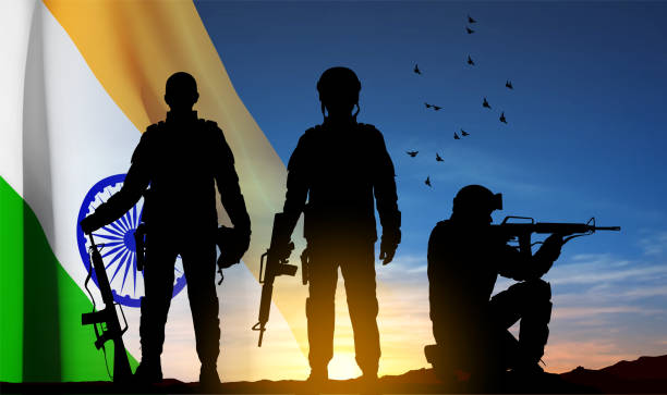 istock Silhouettes of soldiers with India flag 1460666675