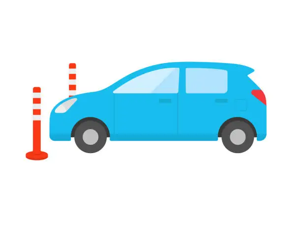 Vector illustration of An illustration of a car seen from the side with a soft cone (orange pole).