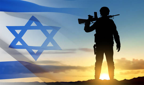 istock Silhouette of soldier with Israel flag 1460666957