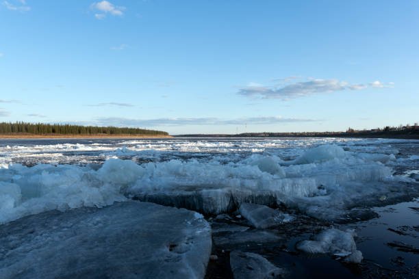 Spring ice drift on the northern river. los últimos témpanos de hielo en forma de aguja se están derritiendo cerca de la orilla contra el telón de fondo del bosque. el hielo se desplaza en el río manantial del norte en yakutia vilyui con el telón de fondo de la taiga y el agua bajo el ciel