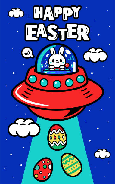 illustrazioni stock, clip art, cartoni animati e icone di tendenza di un simpatico coniglietto pasquale sta pilotando un'astronave con potere illimitato nel metaverso e sta cercando uova di pasqua - pilotando