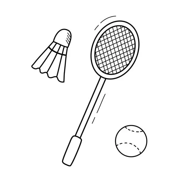 Vector illustration of Badminton shuttlecock and rocket. Sports doodle vector illustration isolated