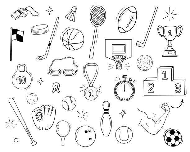 illustrazioni stock, clip art, cartoni animati e icone di tendenza di set di icone sportive doodle disegnate a mano. clipart vettoriale isolato su bianco. basket, baseball, tennis, golf e bowling. - baseball shoe