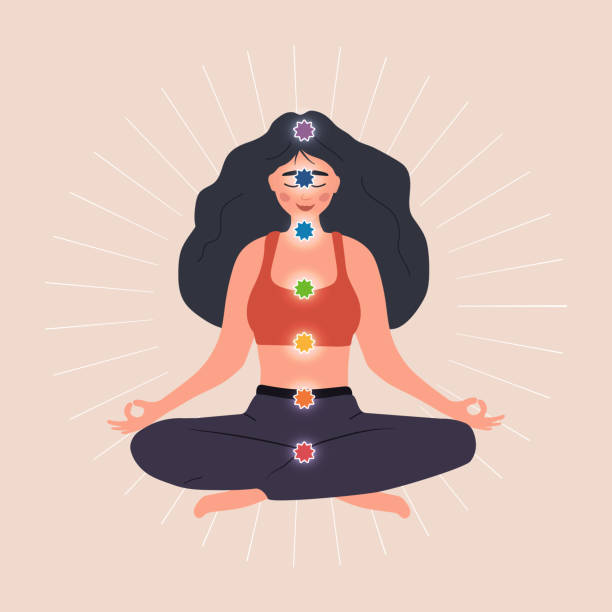 Seven chakras system of human body. Ayurveda, Buddhism and Hinduism. Alternative medicine. Meditating woman with basic energy centers. Health care concept. Indian culture. Flat vector illustration Seven chakras system of human body. Ayurveda, Buddhism and Hinduism. Alternative medicine. Meditating woman with basic energy centers. Health care concept. Indian culture. Flat vector illustration. chakra stock illustrations