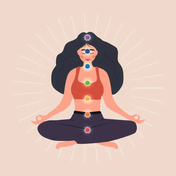 Vector illustration of Seven chakras system of human body. Ayurveda, Buddhism and Hinduism. Alternative medicine. Meditating woman with basic energy centers. Health care concept. Indian culture. Flat vector illustration