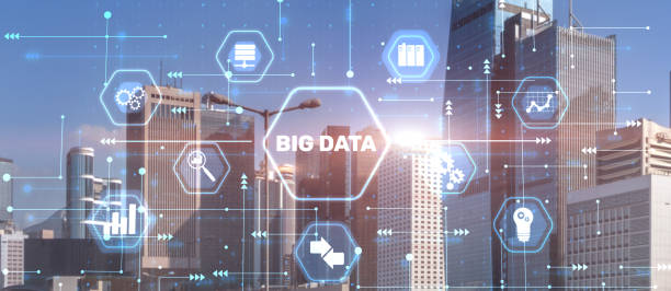 istock Big data world and globe icon on city background 1460683577