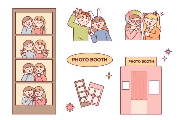Vector illustration of Take pictures at the photo booth. Friends and couples wearing funny headbands and doing cute poses.