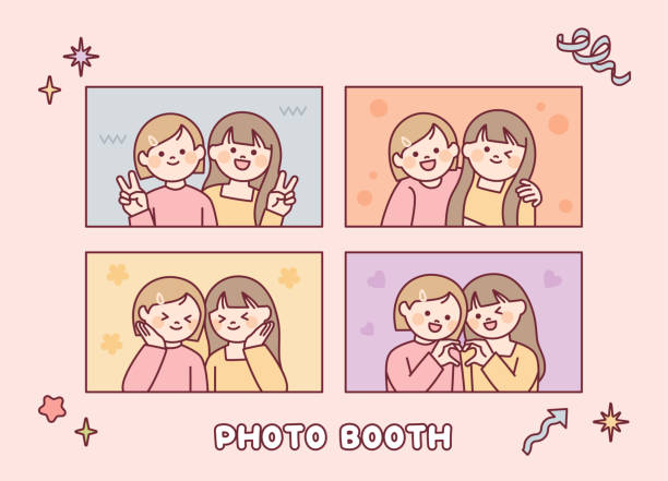 Two girls are taking pictures in various poses. Photo booth. vector art illustration