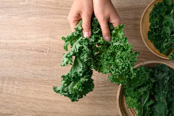 istock Green Kale or leaf cabbage with hand, Healthy vegetable, Table top view 1460687450