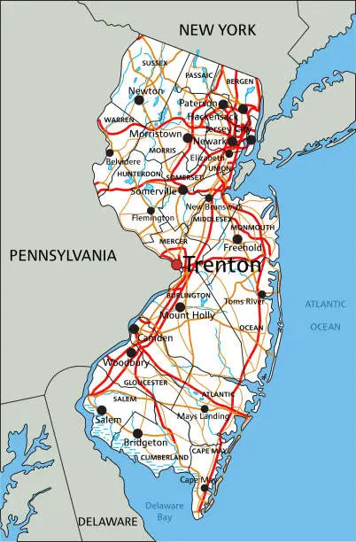 Vector illustration of High detailed New Jersey road map with labeling.