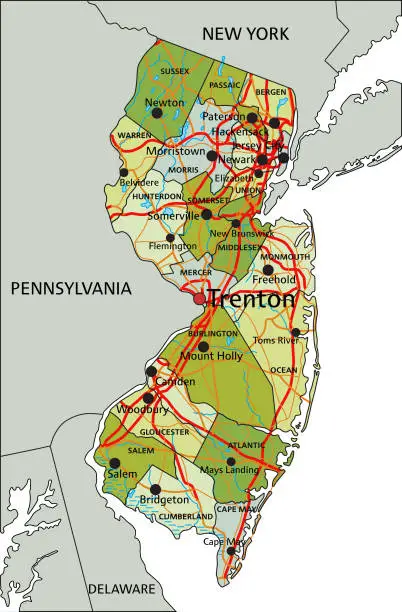 Vector illustration of Highly detailed editable political map with separated layers. New Jersey.