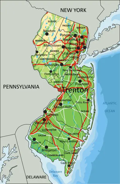 Vector illustration of High detailed New Jersey physical map with labeling.