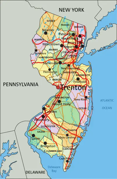 Vector illustration of New Jersey - Highly detailed editable political map with labeling.