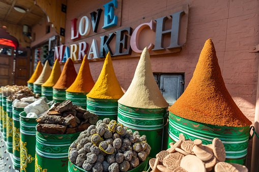 Variety of spices on the arab street market stall